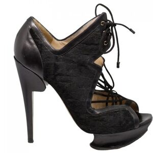 Nicholas Kirkwood Pony Hair Leather Platform Heel Black Lace Up Open Toe 7.5